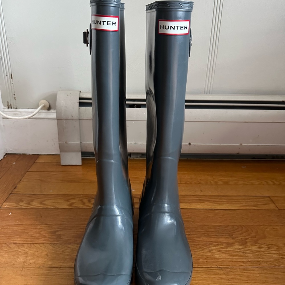 Gray glossy hunter boots